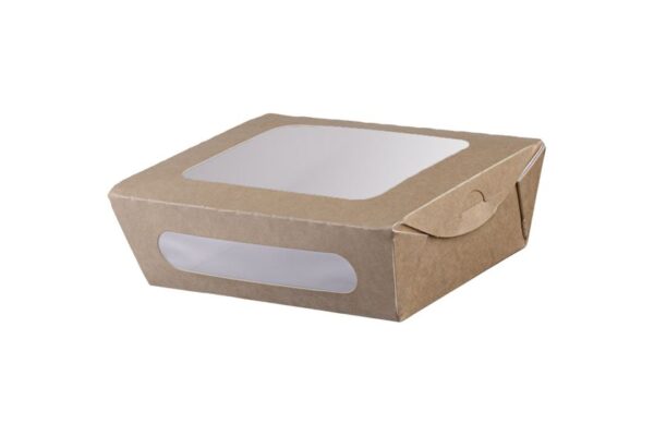 Kraft Paper Food Containers 750ml with Intergrated Lid and Double PET Window | Intertan S.A.