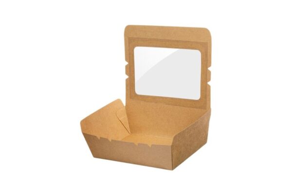 Kraft Paper Food Containers 700ml with Intergrated Lid with PET Window | Intertan S.A.