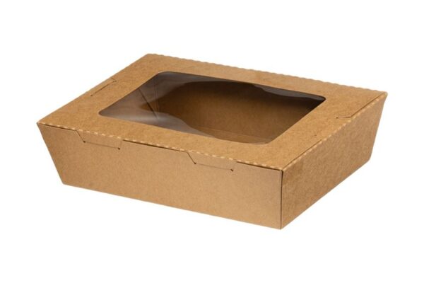 Kraft Paper Food Containers 900ml with Intergrated Lid with PET Window | Intertan S.A.