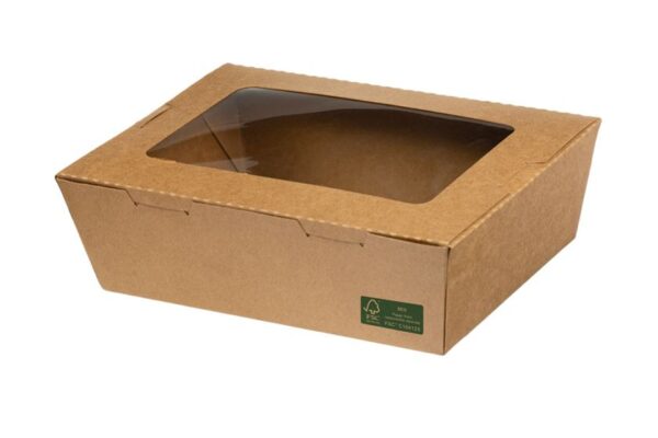 Kraft Paper Food Containers FSC® 500ml with Intergrated Lid with PET Window | Intertan S.A.