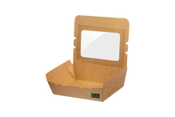 Kraft Paper Food Containers FSC® 900ml with Intergrated Lid with PET Window | Intertan S.A.