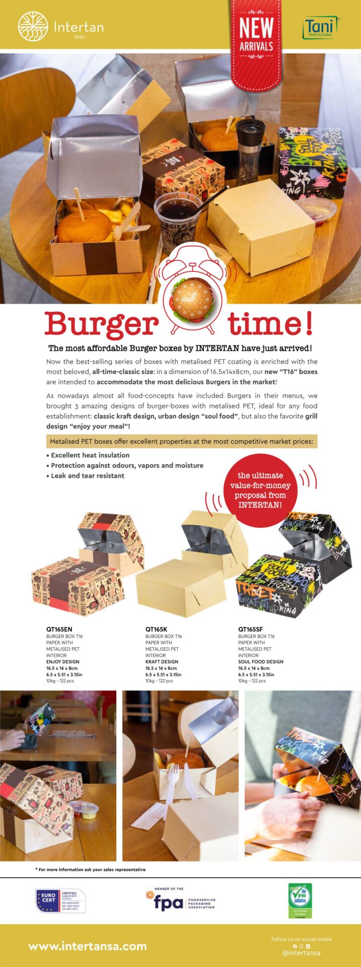 New metalised PET food boxes for BURGERS Newsletter | Intertan S.A.